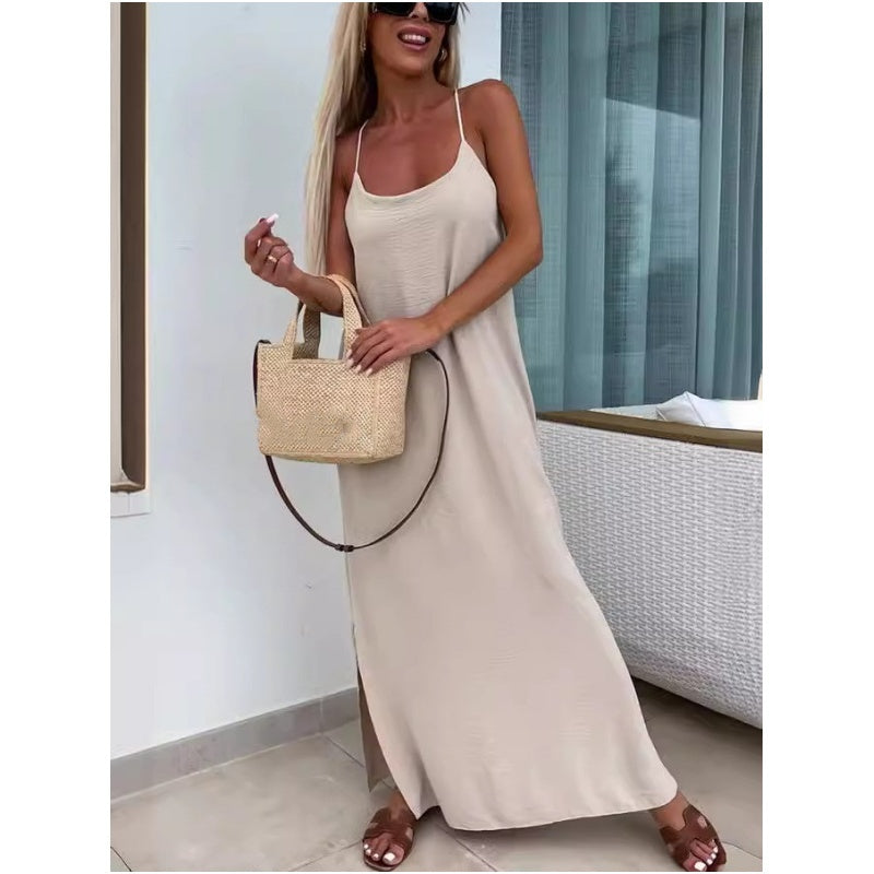 Loose-Fit Spaghetti Strap Maxi Dress with Side Slit - billycorck.com