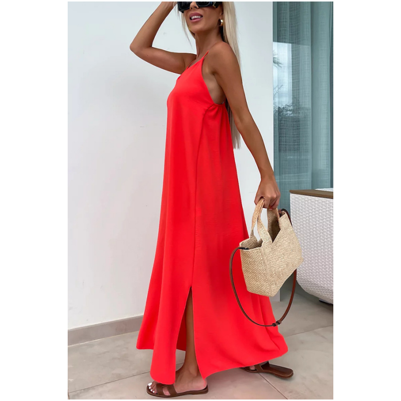 Loose-Fit Spaghetti Strap Maxi Dress with Side Slit - billycorck.com