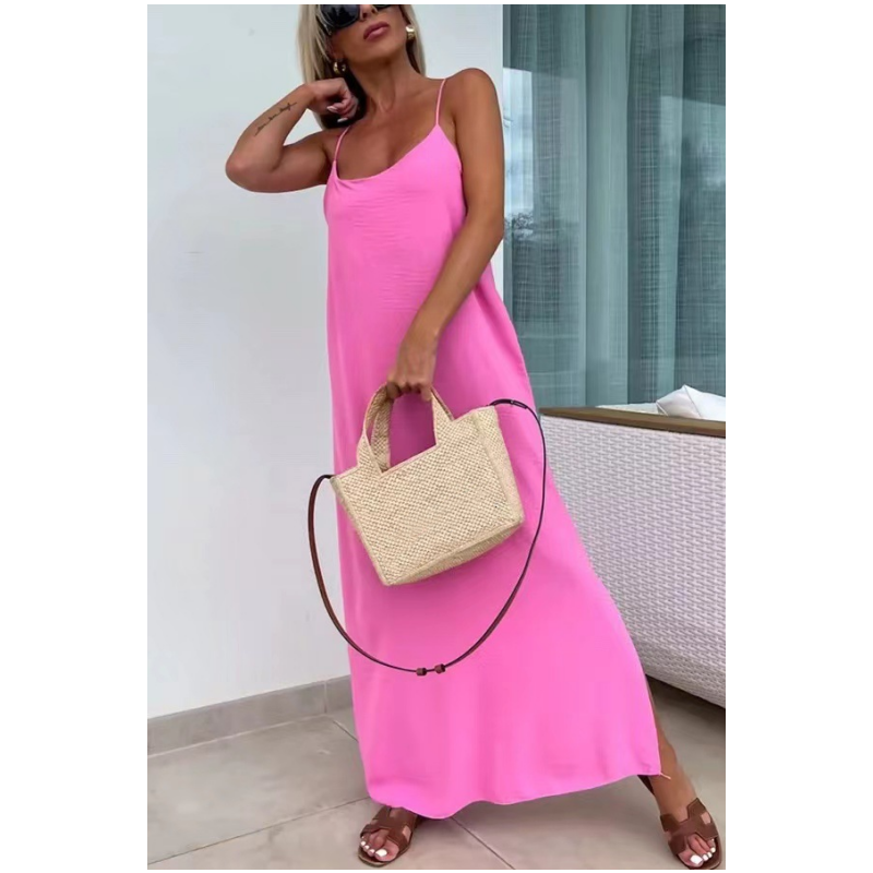 Loose-Fit Spaghetti Strap Maxi Dress with Side Slit - billycorck.com
