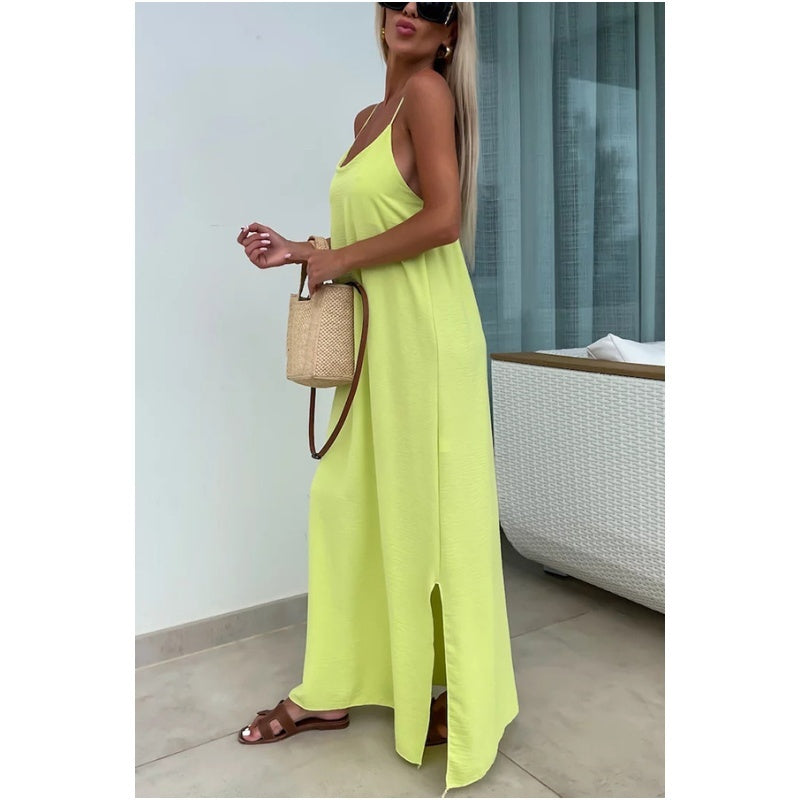 Loose-Fit Spaghetti Strap Maxi Dress with Side Slit - billycorck.com