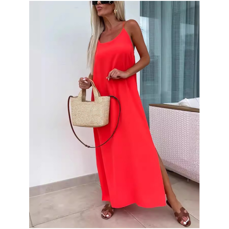 Loose-Fit Spaghetti Strap Maxi Dress with Side Slit - billycorck.com