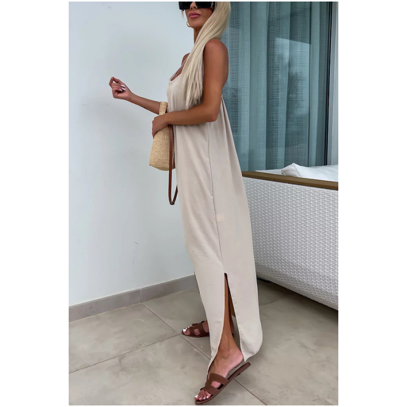 Loose-Fit Spaghetti Strap Maxi Dress with Side Slit - billycorck.com