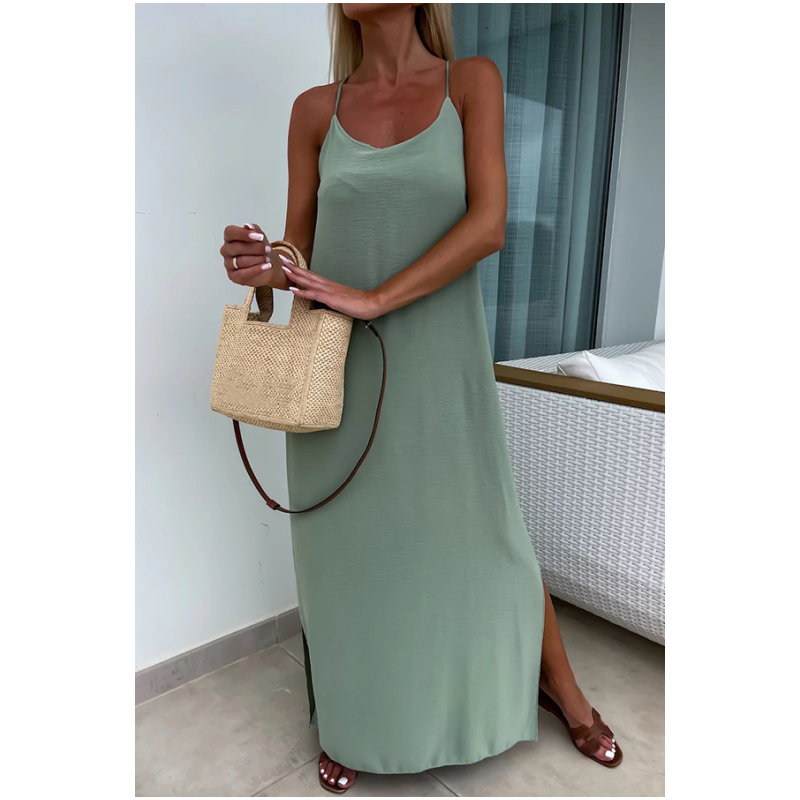 Loose-Fit Spaghetti Strap Maxi Dress with Side Slit - billycorck.com
