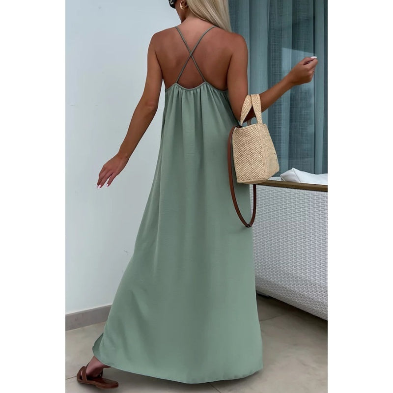 Loose-Fit Spaghetti Strap Maxi Dress with Side Slit - billycorck.com