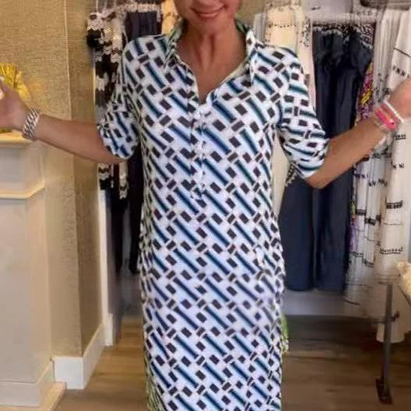 BillyCorck.com - Elegant Shirt Collar Geometric Pattern Short-Sleeve Dress