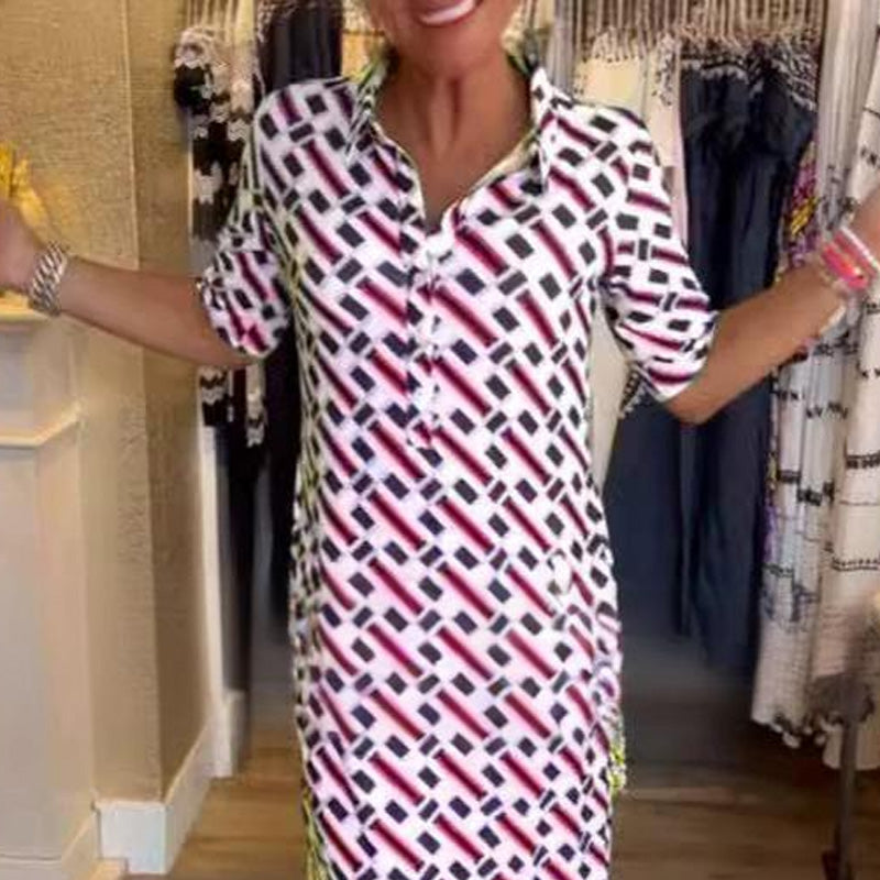 BillyCorck.com - Elegant Shirt Collar Geometric Pattern Short-Sleeve Dress